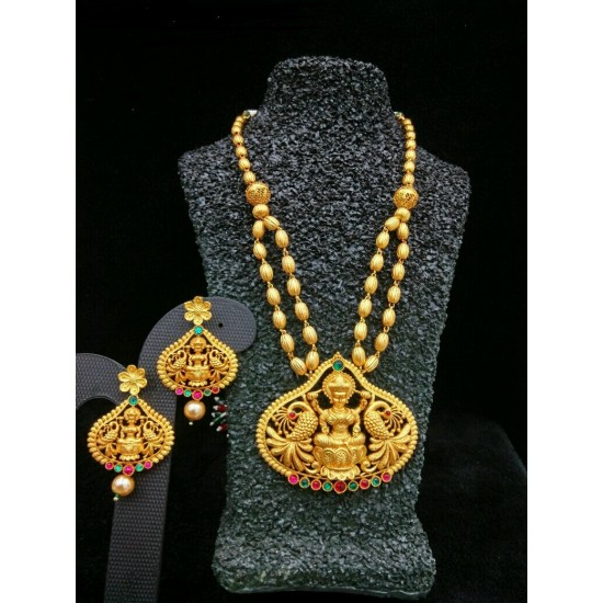 Temple Jewellery - Necklace with Earring - Red and Green Kundan Stone Temple Jewellery - Necklace with Earring - Red and Green Kundan Stone