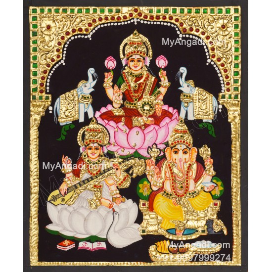 Lakshmi Saraswati Ganesha Tanjore Painting