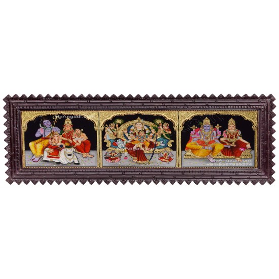3 Panel Sivan Family, Raja Rajeshwari, Vishnu Lakshmi Tanjore Painting