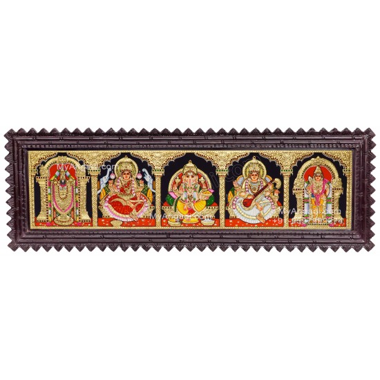 Balaji, Lakshmi, Ganesha, Saraswathi and Hanuman- 5 Panel Tanjore Painting