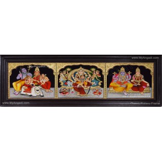 3 Panel Sivan Family, Raja Rajeshwari, Vishnu Lakshmi Tanjore Painting