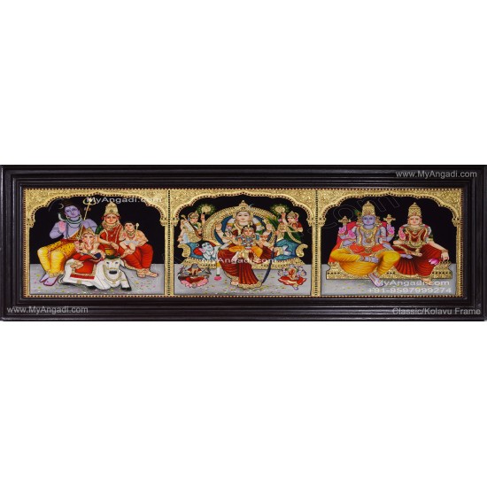 3 Panel Sivan Family, Raja Rajeshwari, Vishnu Lakshmi Tanjore Painting
