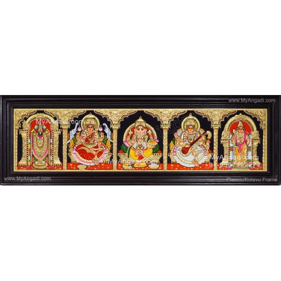 Balaji, Lakshmi, Ganesha, Saraswathi and Hanuman- 5 Panel Tanjore Painting