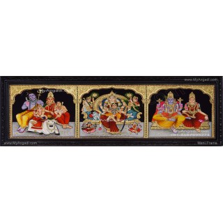 3 Panel Sivan Family, Raja Rajeshwari, Vishnu Lakshmi Tanjore Painting