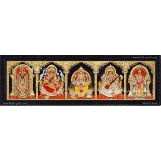 Balaji, Lakshmi, Ganesha, Saraswathi and Hanuman- 5 Panel Tanjore Painting