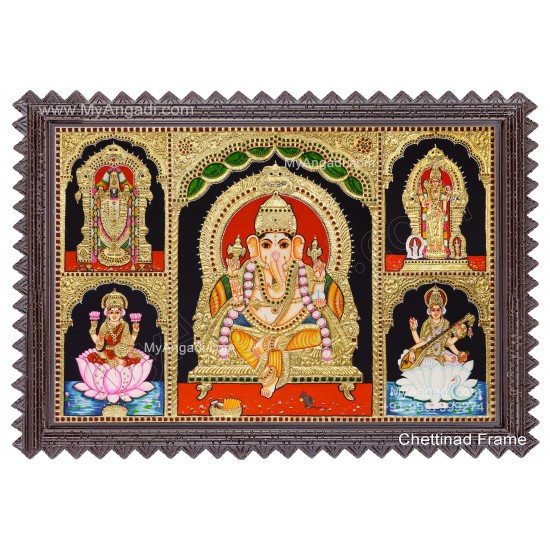 5 God Balaji Lakshmi Murugan Ganesha Saraswathi Tanjore Painting 5 God Balaji Lakshmi Murugan Ganesha Saraswathi Tanjore Painting