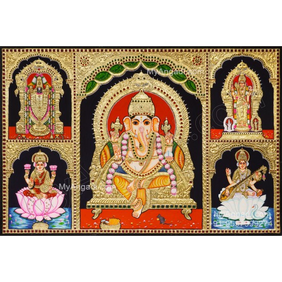 5 God Balaji Lakshmi Murugan Ganesha Saraswathi Tanjore Painting 5 God Balaji Lakshmi Murugan Ganesha Saraswathi Tanjore Painting