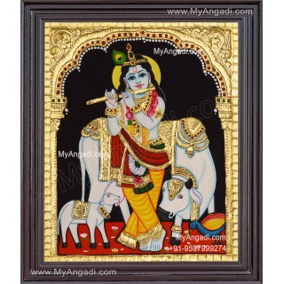  Krishna With Cow And Calf Tanjore Painting