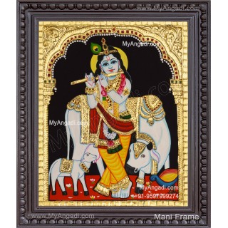 Krishna With Cow And Calf Tanjore Painting