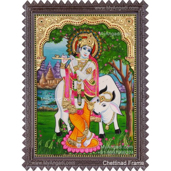 Krishna With Flute and Cow Tanjore Paintings