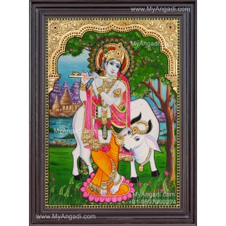 Krishna With Flute and Cow Tanjore Paintings