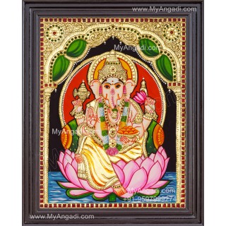 Ganesha On Lotus Tanjore Paintings