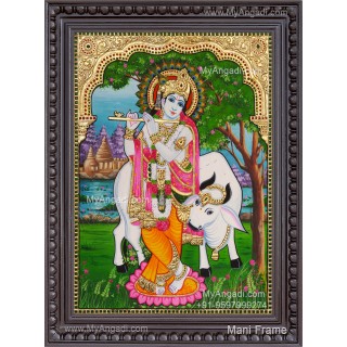 Krishna With Flute and Cow Tanjore Paintings