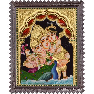 Parvathi Ganesha Murugan Tanjore Painting