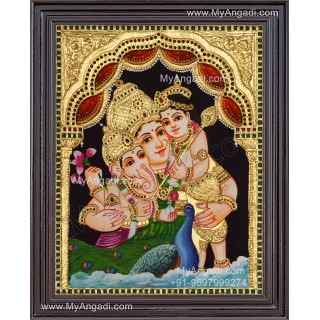Parvathi Ganesha Murugan Tanjore Painting