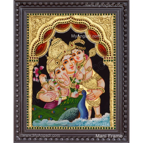 Parvathi Ganesha Murugan Tanjore Painting