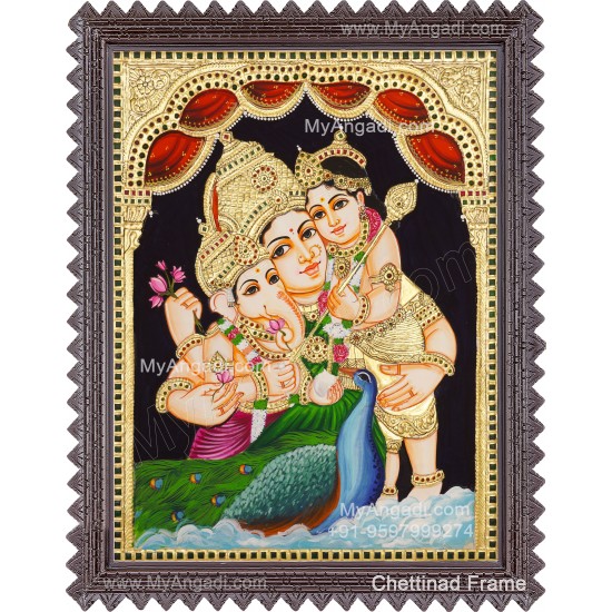 Parvathi Ganesha Murugan Tanjore Painting
