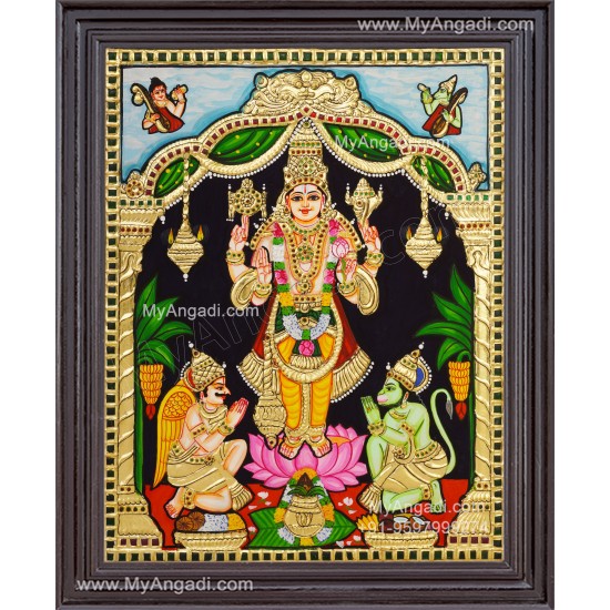 Vishnu With Hanuman and GarudanTanjore Painting