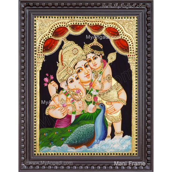 Parvathi Ganesha Murugan Tanjore Painting