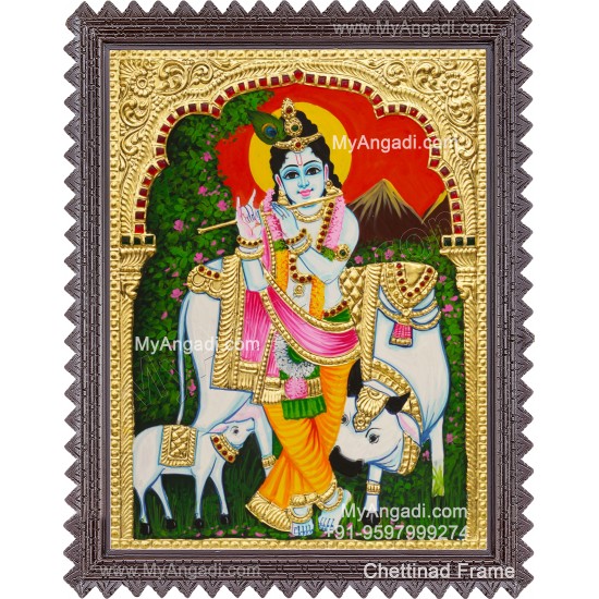 Krishna With Cow and Calf Tanjore Paintings