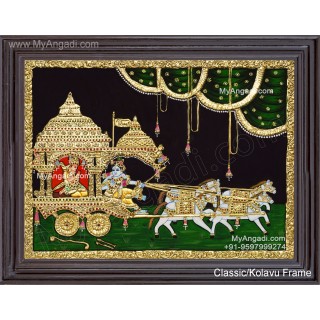 Geetha Saaram Tanjore Painting, Geetha Saram Tanjore Painting, Krishna Arjuna Chariot Tanjore Painting
