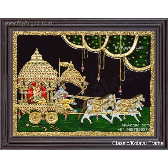 Geetha Saaram Tanjore Painting, Geetha Saram Tanjore Painting, Krishna Arjuna Chariot Tanjore Painting