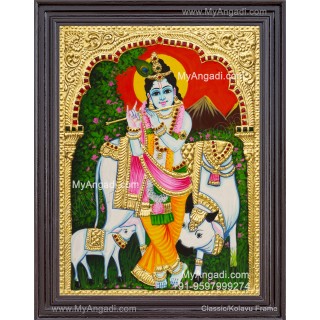 Krishna With Cow and Calf Tanjore Paintings