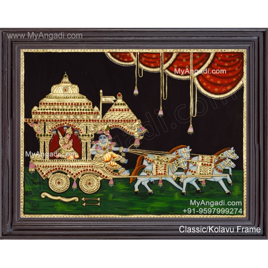 Geetha Saaram Tanjore Painting, Geetha Saram Tanjore Painting, Krishna Arjuna Chariot Tanjore Painting