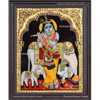 Krishna With Cow and Flute Tanjore Paintings