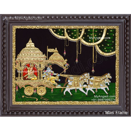 Geetha Saaram Tanjore Painting, Geetha Saram Tanjore Painting, Krishna Arjuna Chariot Tanjore Painting