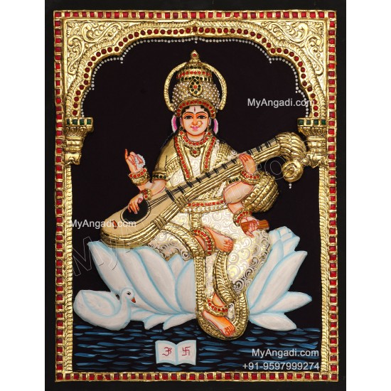 Embossed Saraswathi  3D Tanjore Painting