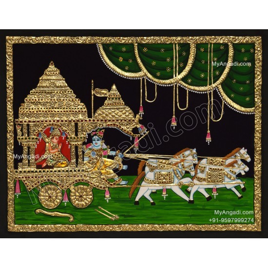 Geetha Saaram Tanjore Painting, Krishna Arjuna Chariot Tanjore Painting