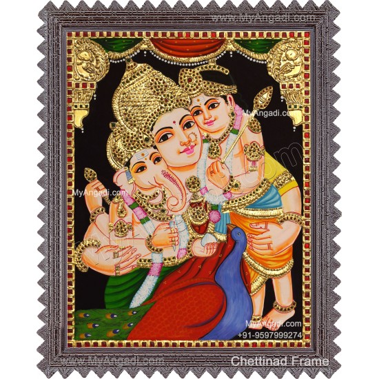Parvathi Ganesha Murugan Tanjore Painting