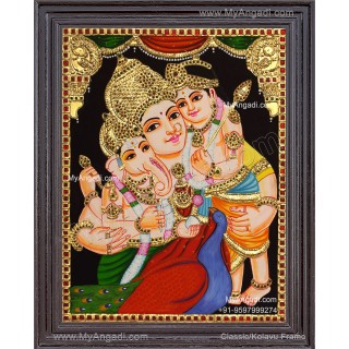 Parvathi Ganesha Murugan Tanjore Painting
