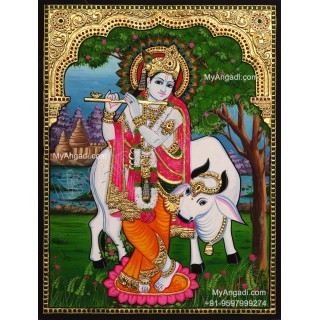 Krishna With Flute and Cow Tanjore Paintings