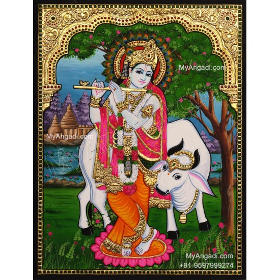 Krishna With Flute and Cow Tanjore Paintings