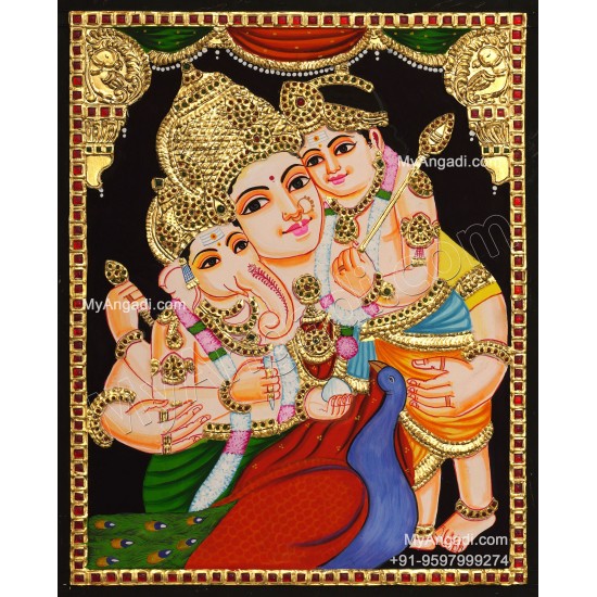 Parvathi Ganesha Murugan Tanjore Painting