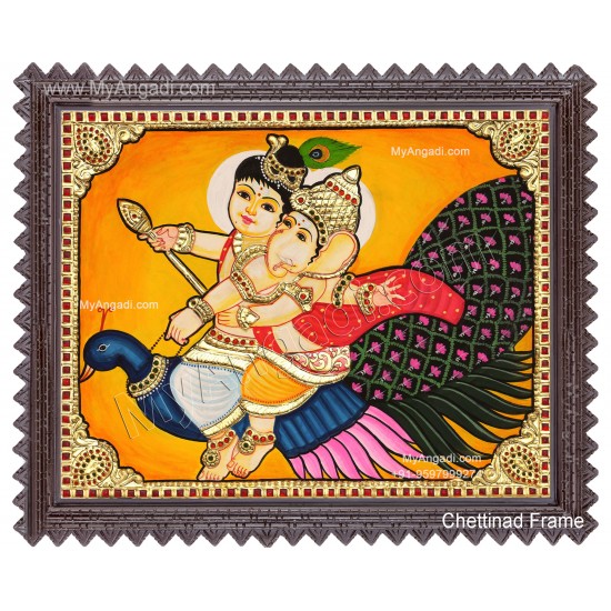 Ganesha Murugar On Peacock Tanjore Painting