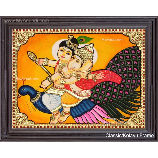 Ganesha Murugar On Peacock Tanjore Painting