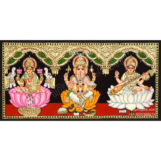 3 Panel  Lakshmi Ganesha Saraswathi Tanjore Painting