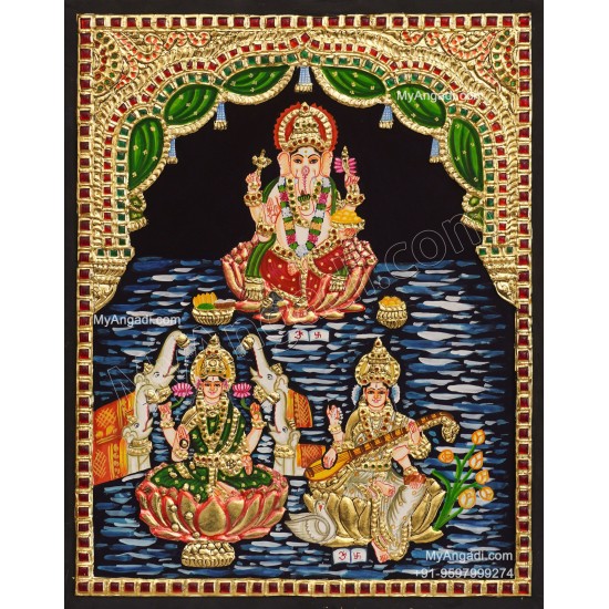Ganesh Lakshmi Saraswathi Tanjore Painting Ganesh Lakshmi Saraswathi Tanjore Painting
