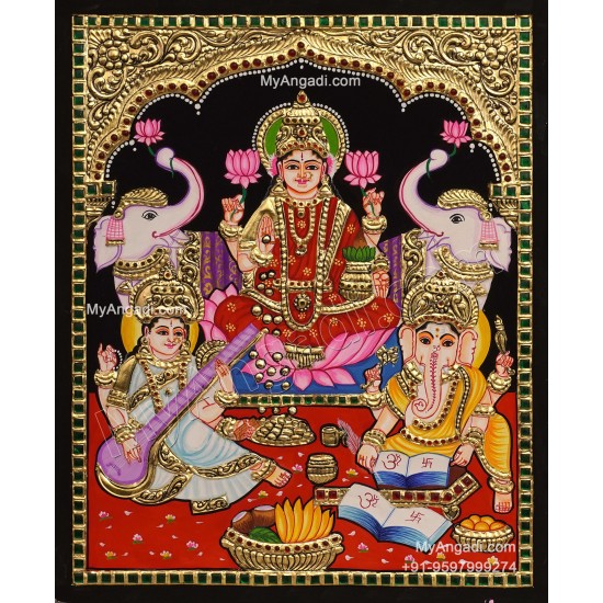 Ganesha Lakshmi Saraswathi Tanjore Painting Ganesha Lakshmi Saraswathi Tanjore Painting