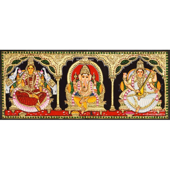 3 Panel  Lakshmi Ganesha Saraswathi Tanjore Painting