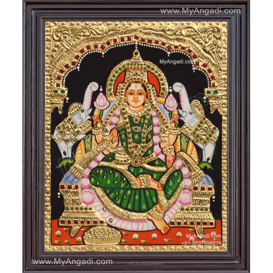 Gajalakshmi with Green Saree Tanjore Painting