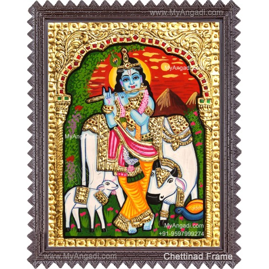 Krishna With Cow Calf Tanjore Paintings