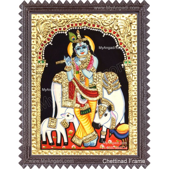 Krishna With Cow Calf and Flute Tanjore Paintings