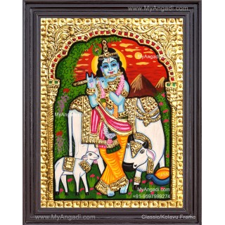 Krishna With Cow Calf Tanjore Paintings