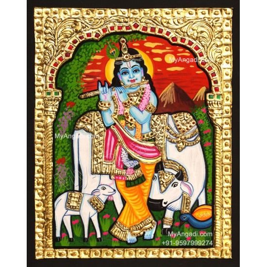 Krishna With Cow Calf Tanjore Paintings