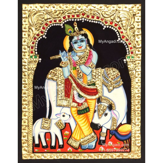 Krishna With Cow Calf and Flute Tanjore Paintings