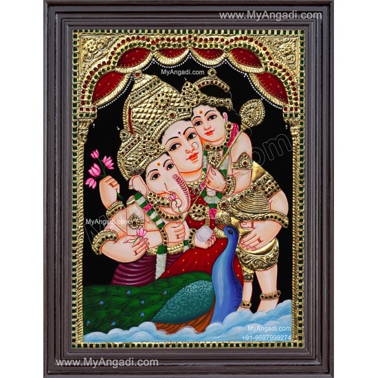Parvathi Ganesha Murugan Tanjore Painting